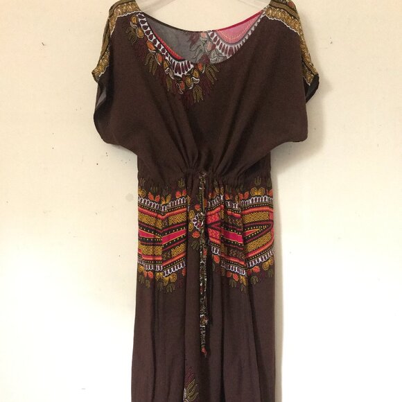 Women's Short sleeve Tribal pattern Maxi dress with Drawstring tie waist - Picture 1 of 6